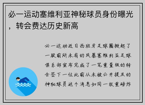 必一运动塞维利亚神秘球员身份曝光，转会费达历史新高